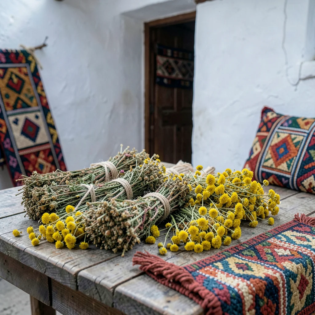 Documentary photograph with Guatemalan highland aesthetic, Bundles of dried cham