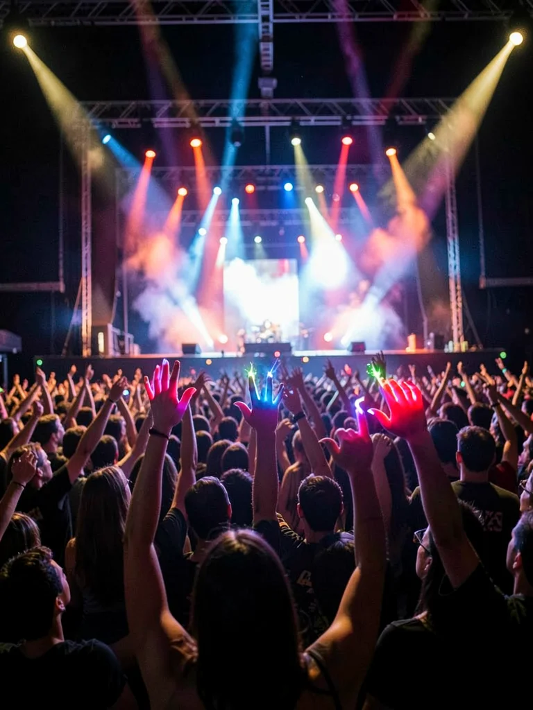Hands raised at a concert shot into the stage lights, fingers separated and glow