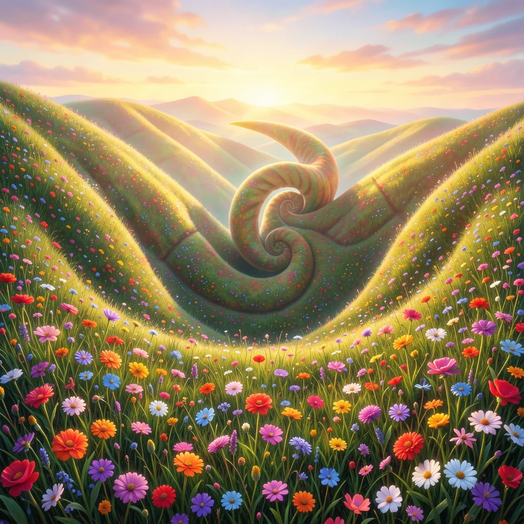 Rolling hills that spiral into a nautilus shell shape, viewed from above, spring