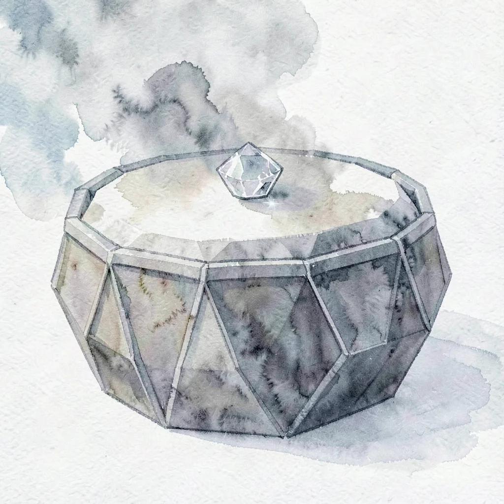 Quiet smoky lowpoly hand drum with a wide faceted shell and a single tight cryst