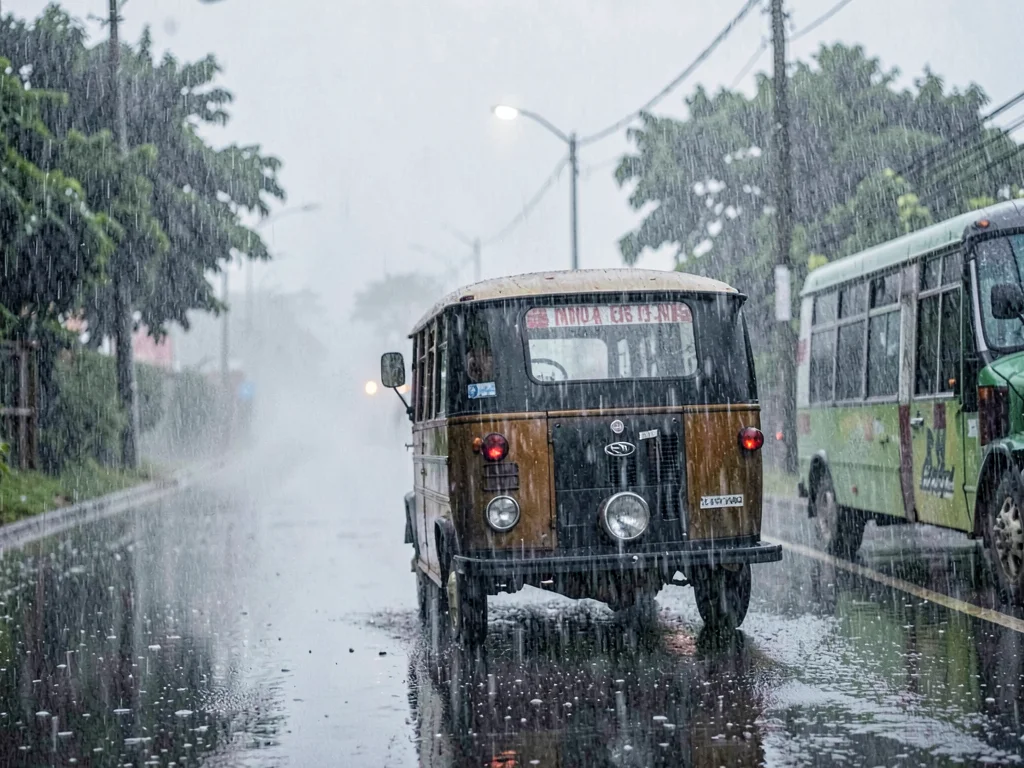 Auto rickshaw in heavy rain