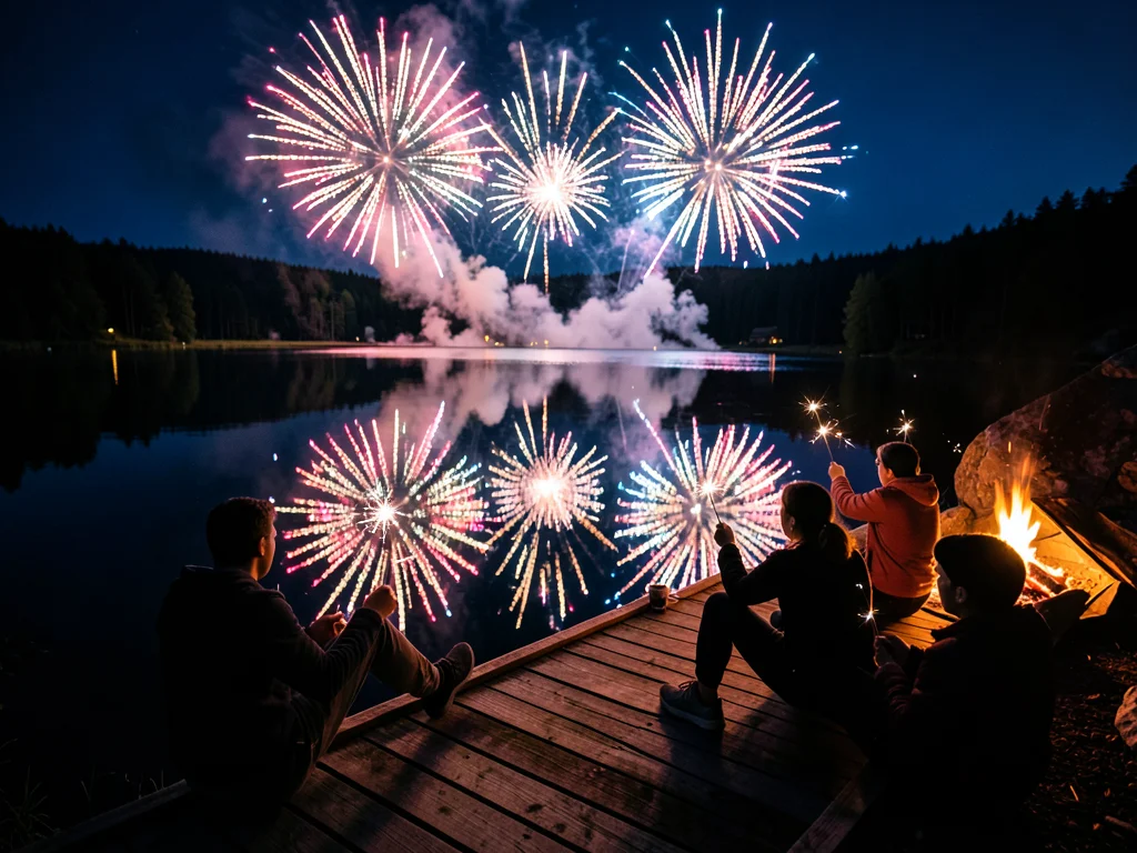 A lake reflecting a fireworks display, the bursts creating perfect mirror images