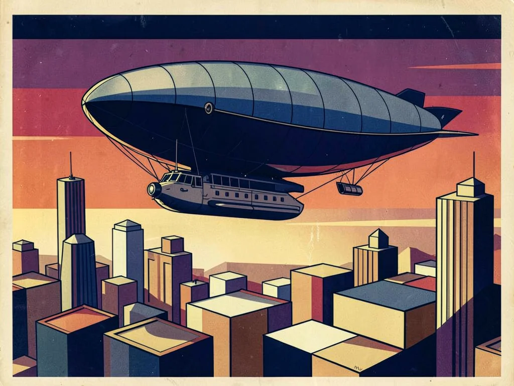 Art Deco zeppelin over city