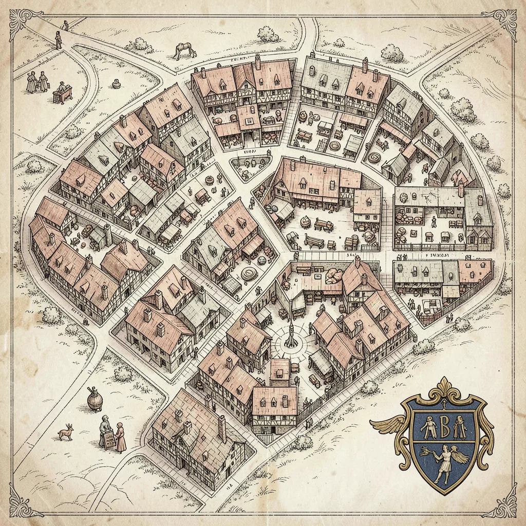 A medieval guild-quarter plan of a fictional city with separate wards for weaver