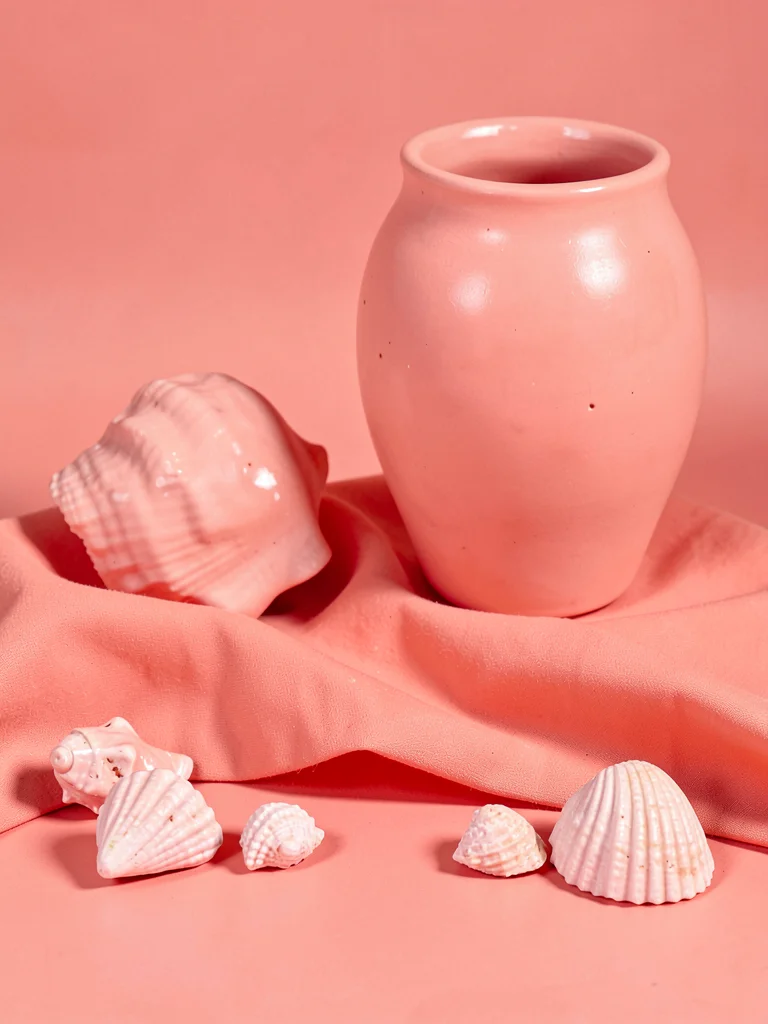 Coral pink composition, shells, fabric, ceramic, warm pink tonal control