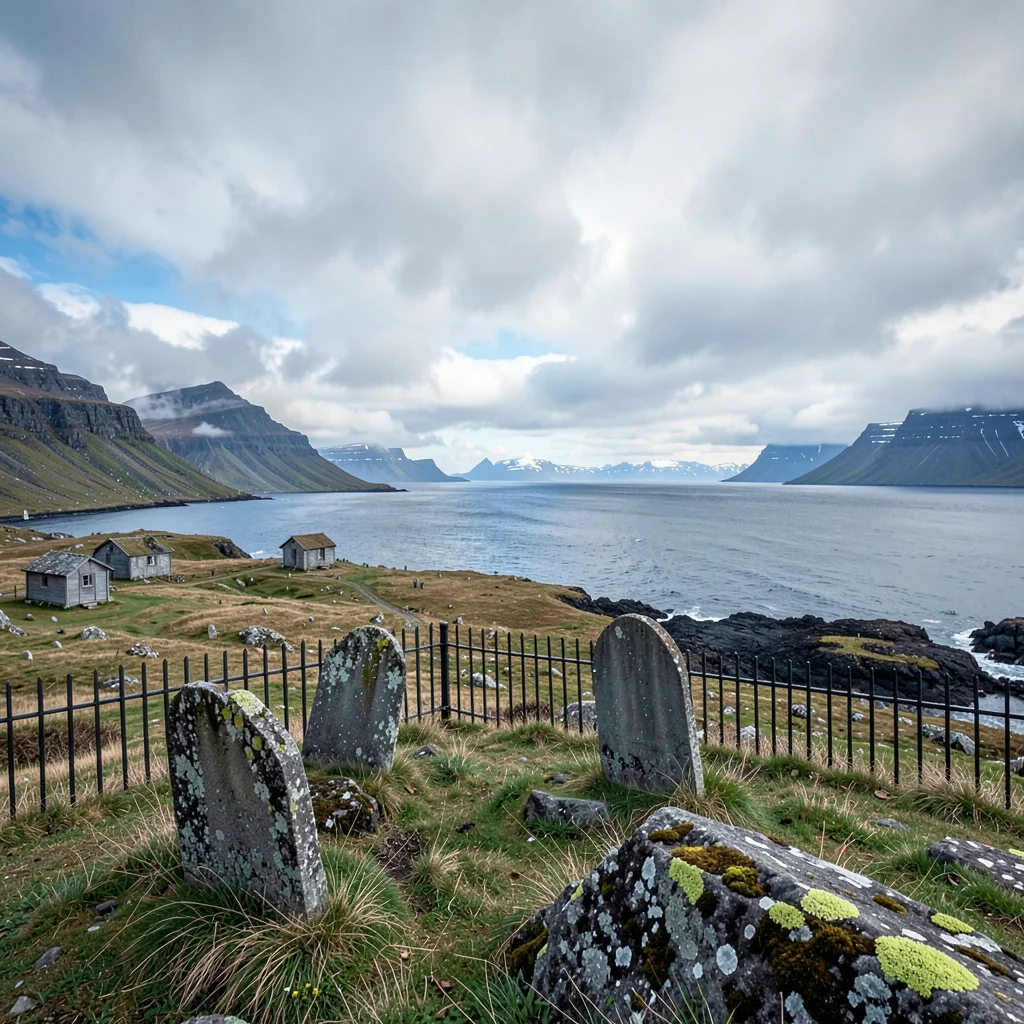 Icelandic isolation, Westfjords remoteness, Cemetery with tilted headstones, vas