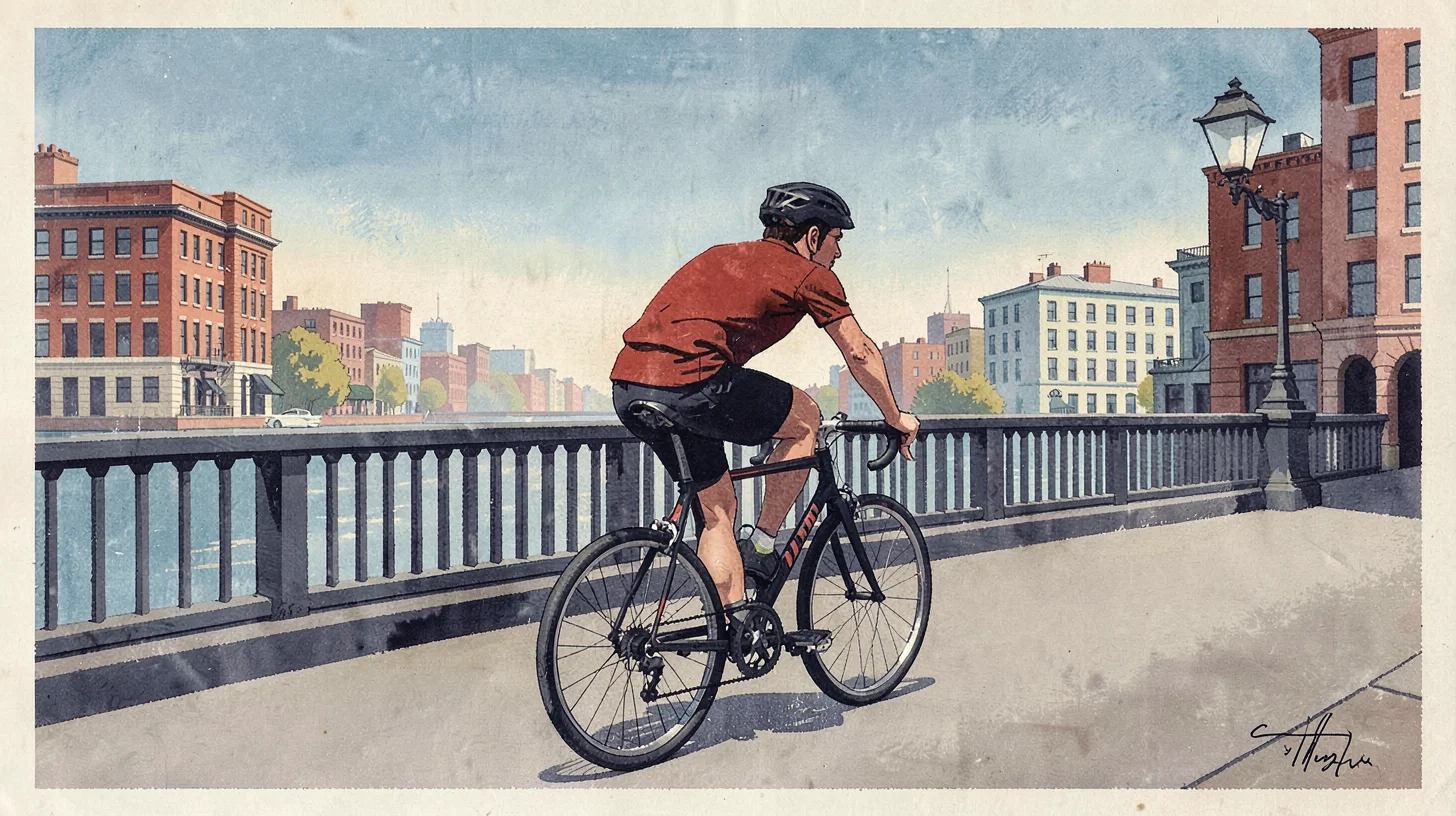 Gouache illustration, cyclist on city bridge , opaque matte pigment, flat color 