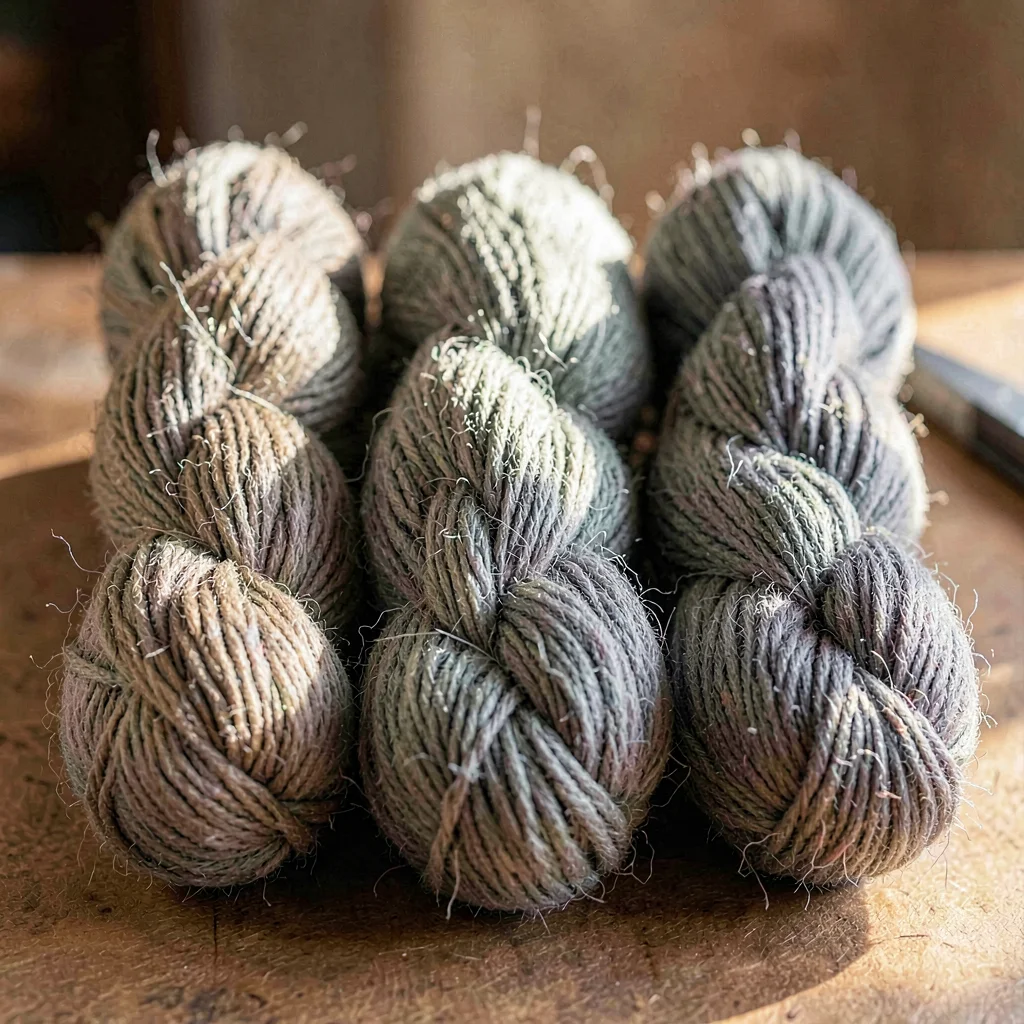 Three handspun hanks in graduated greys, side-lit fuzz on every fiber