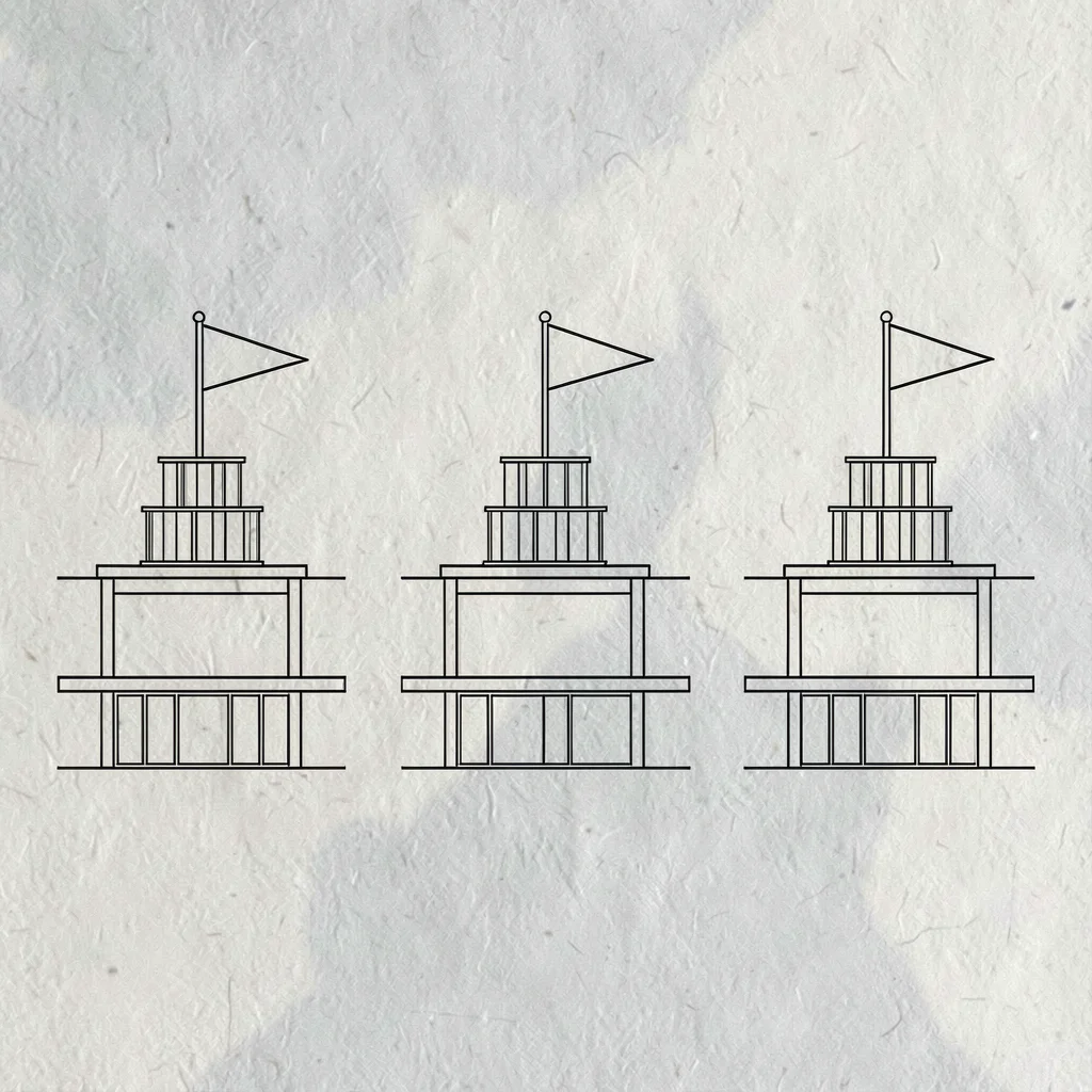 Blueprint options-comparison plate, three parallel structural elevations rendere
