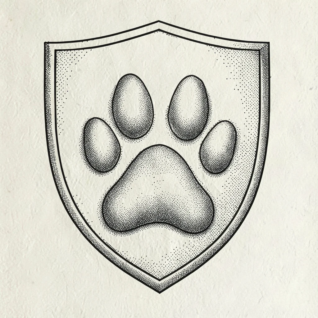 Pen-and-ink illustration of a paw-print shield motif, fine cross-hatching, ivory