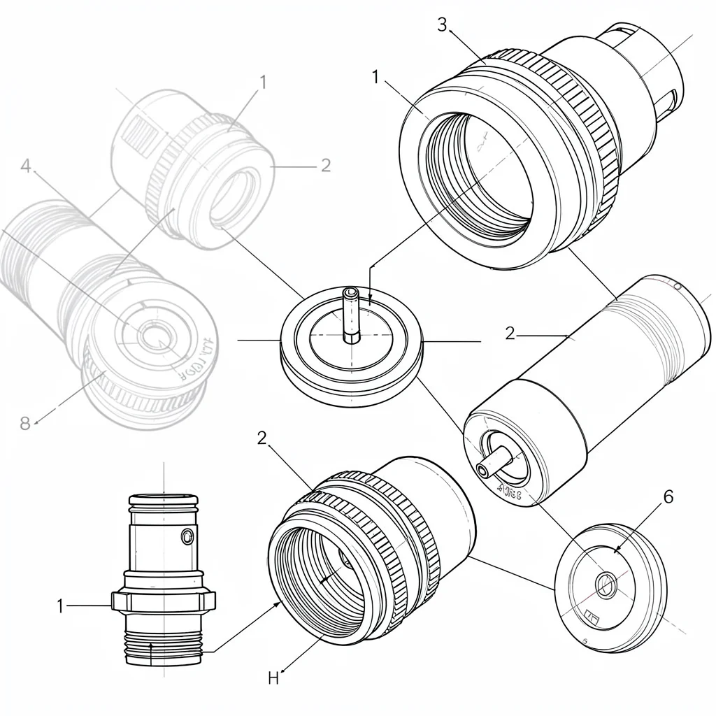 Blueprint exploded study of a lens-mount bayonet with locking pin, contacts, and