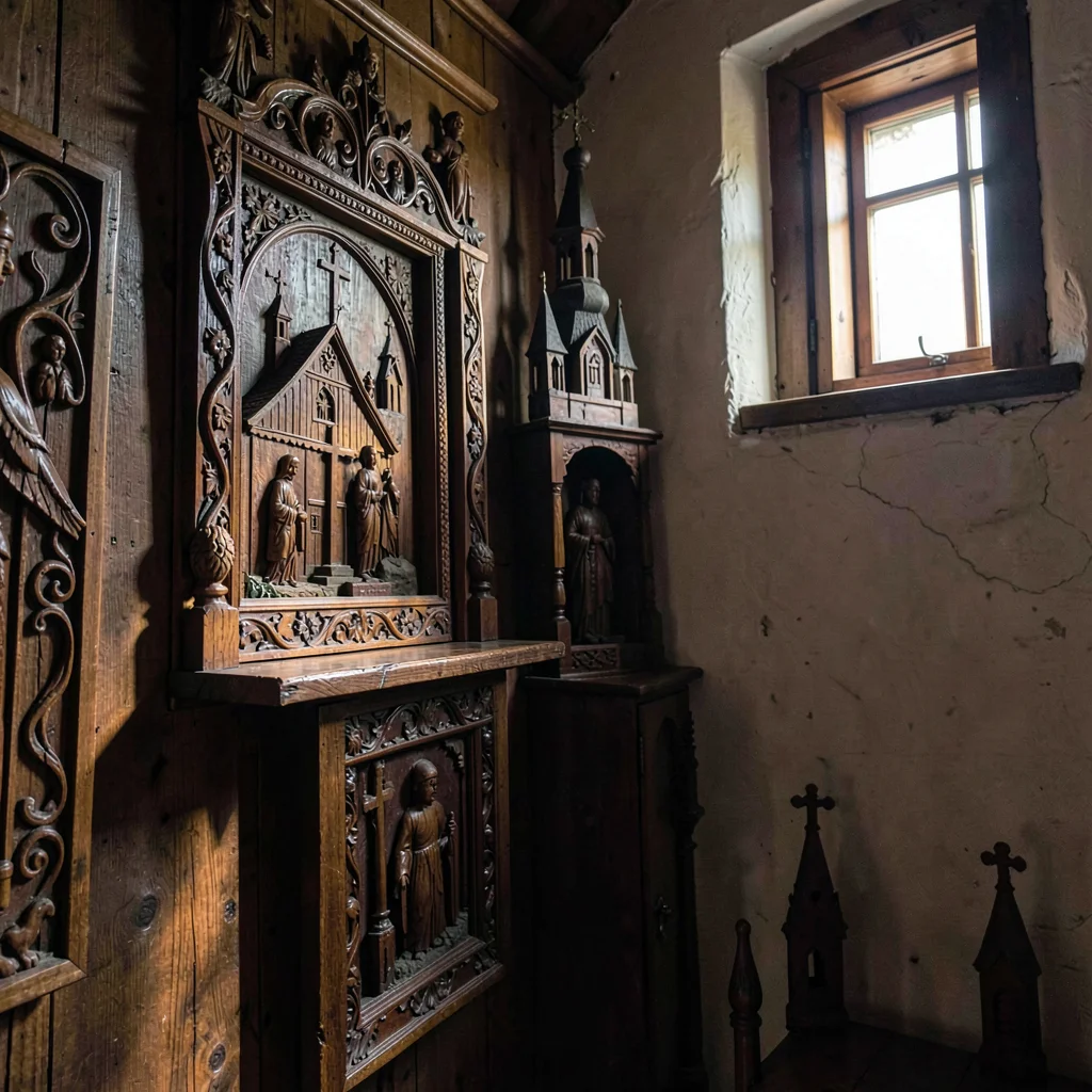 Maramures wooden craft, hand-carved church detail, Carved wooden icons in a dim 