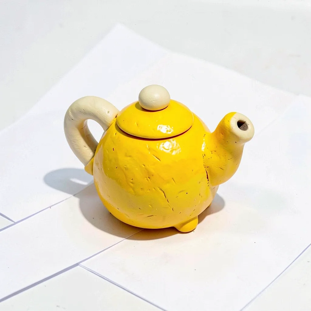 Squat chunky clay tea kettle in primary yellow with stubby cream-toned handle an