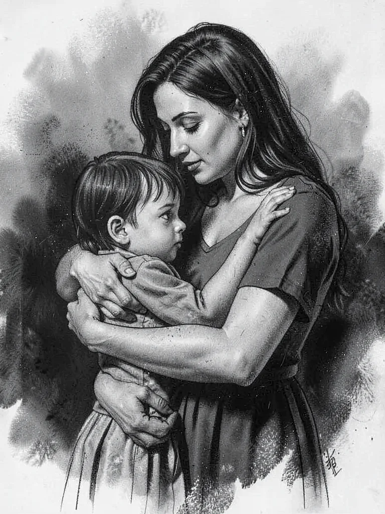 Mother protectively embracing child