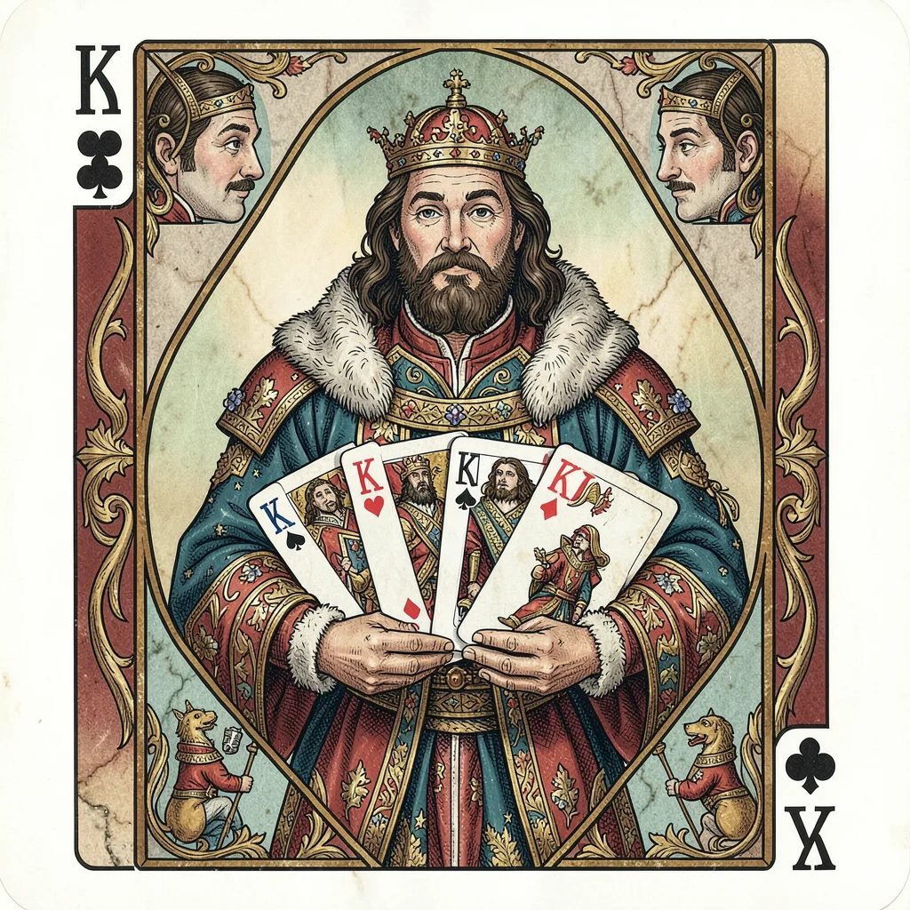 Playing card face illustration, Medieval noble with deck of cards fanned , court
