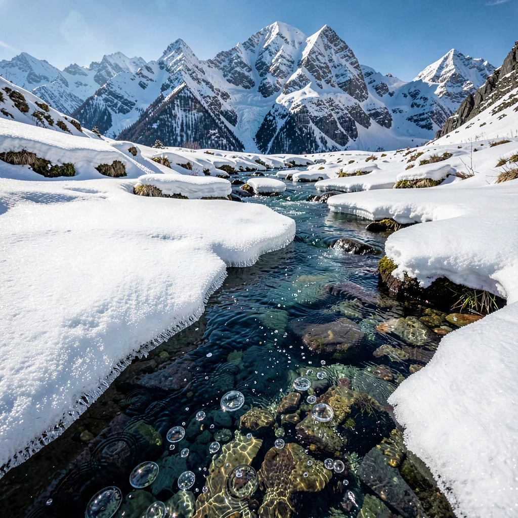 Crystal clear high-altitude light, sharp mountain air quality, A frozen stream w