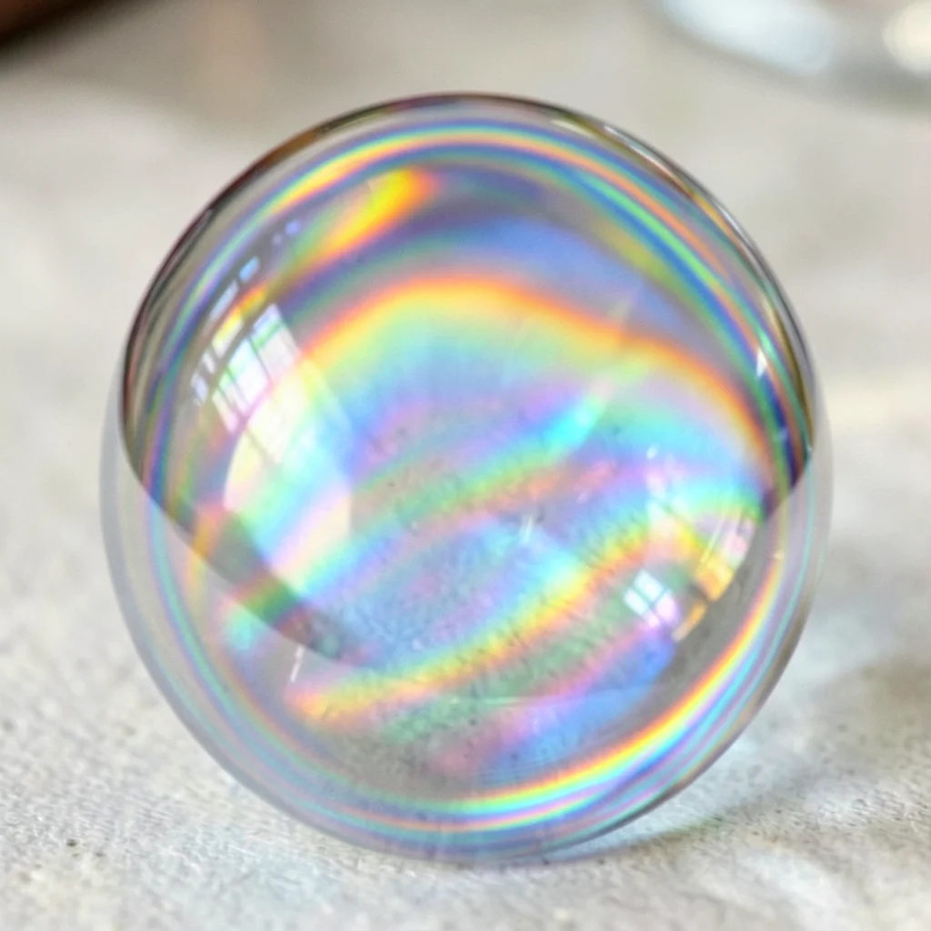 Blown glass bubble expanding, thin walls showing rainbow interference colors