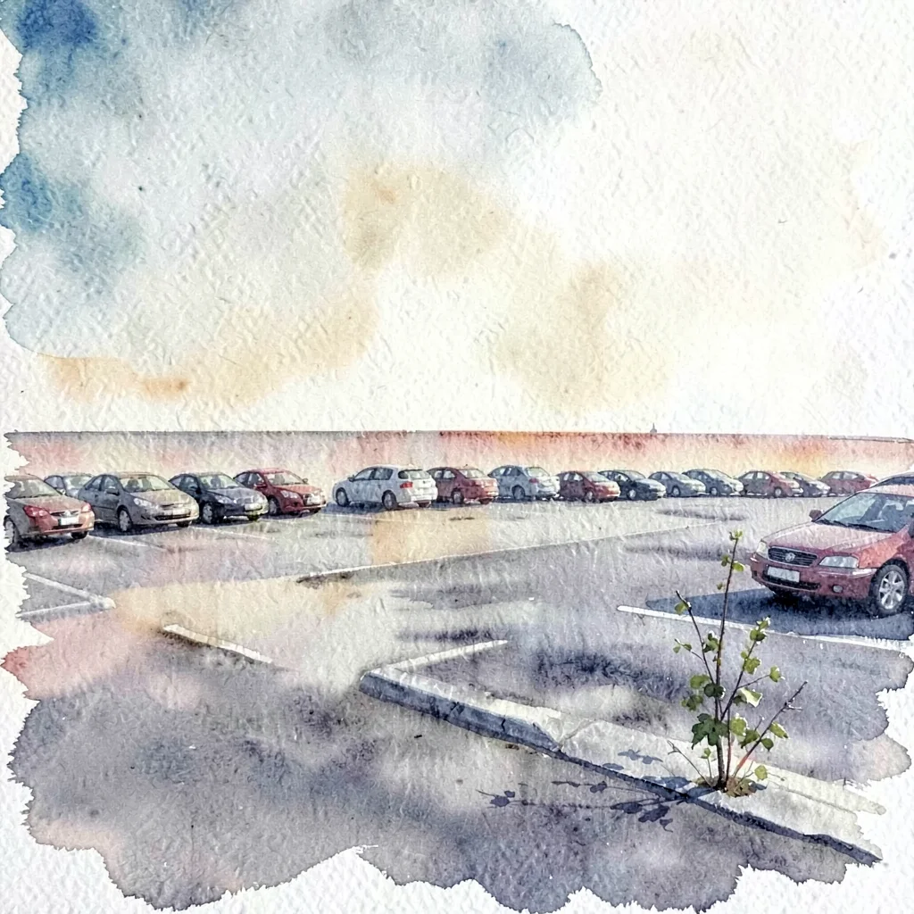 Watercolor study of a flat tarmac sea filled with parked cars, faint shimmering 