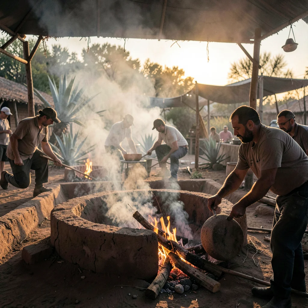 Oaxacan mezcal process, palenque atmosphere, Smoke billowing from a covered pit 