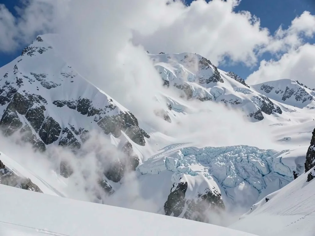 Avalanche in progress, full mountain face visible, scale of physics ignoring hum