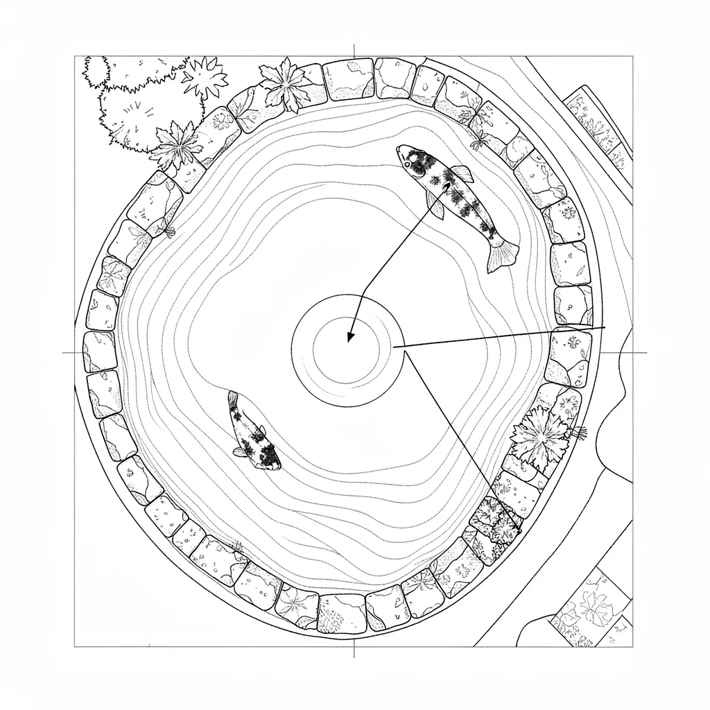 Top-down garden plan blueprint of a koi pond with depth contours, stone edge, an