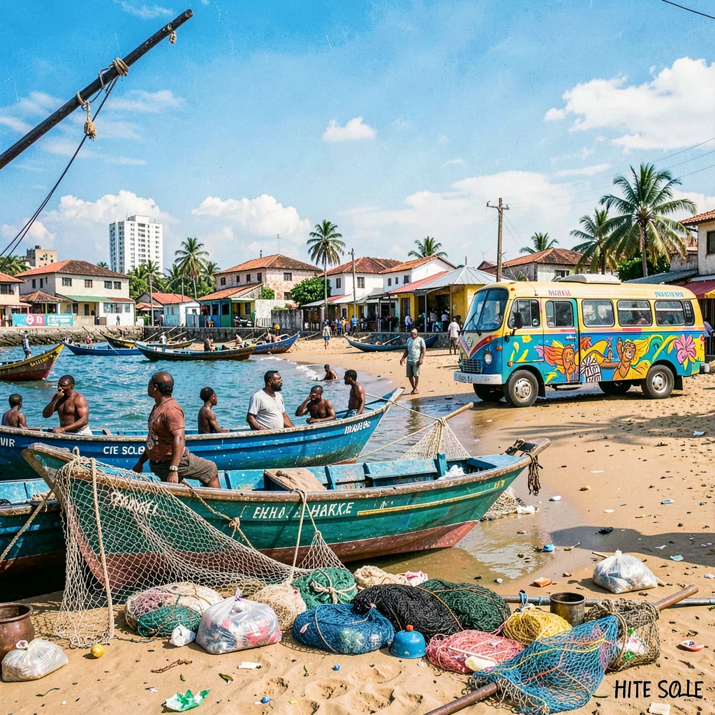 Resilient color in Port-au-Prince, Haiti, Fishermen at Cite Soleil shore, painte