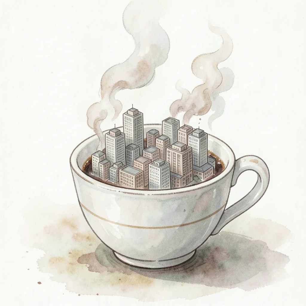 Tiny city built inside a coffee cup, steam rising around skyscrapers