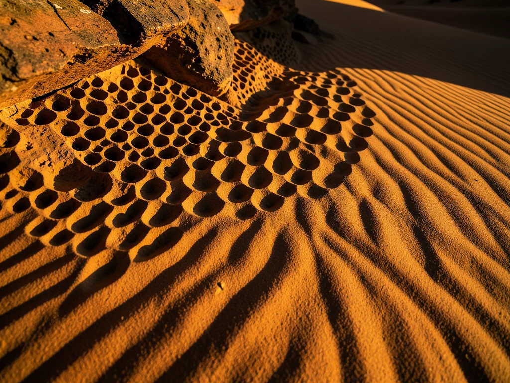 Wind-scoured sandstone surface, differential erosion creating honeycomb tafoni t