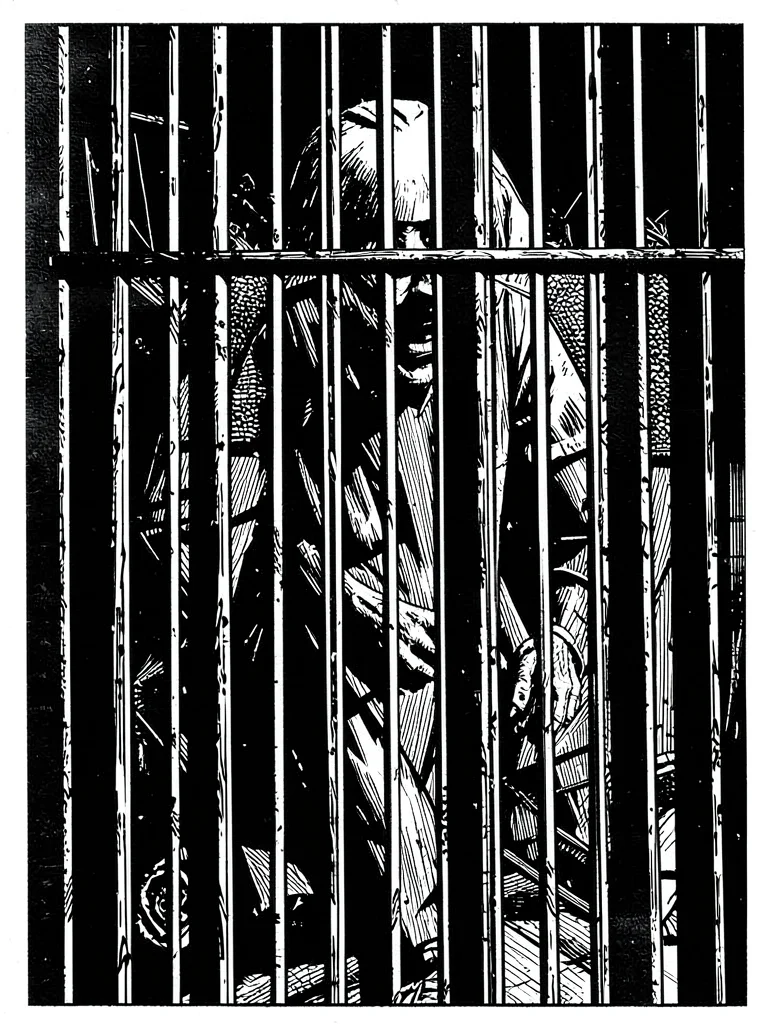 Prison gate as harsh vertical bars, figure standing behind