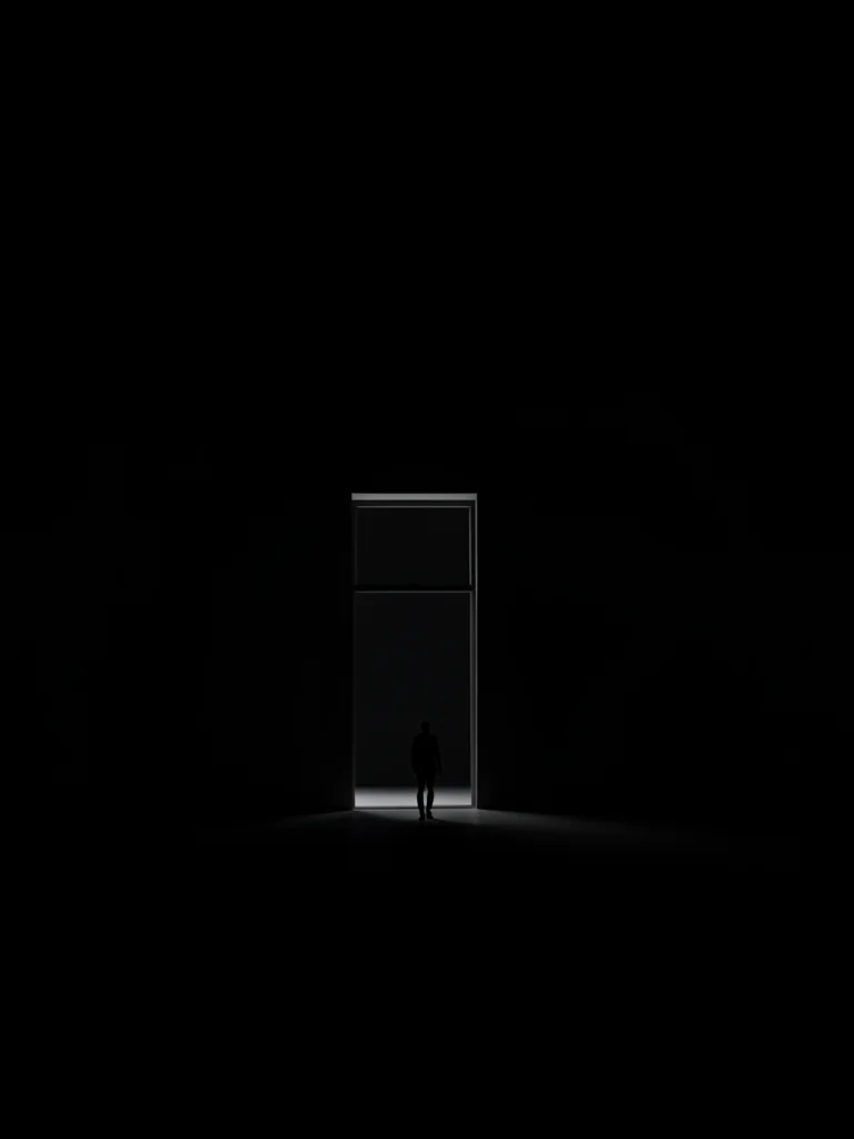 Doorway of light in an otherwise completely dark room, small figure approaching