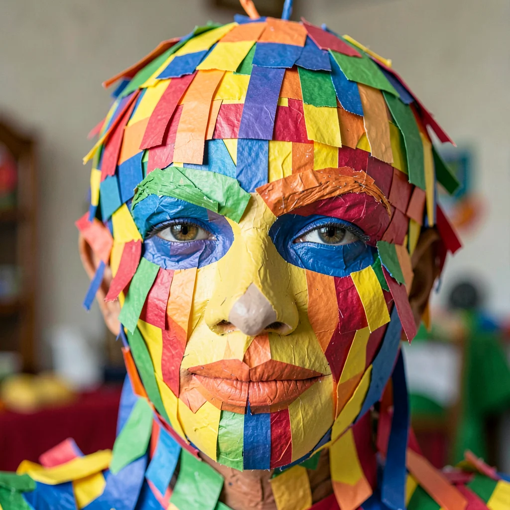 Close-up of the layered paper-strip texture on a large papier-mâché head form
