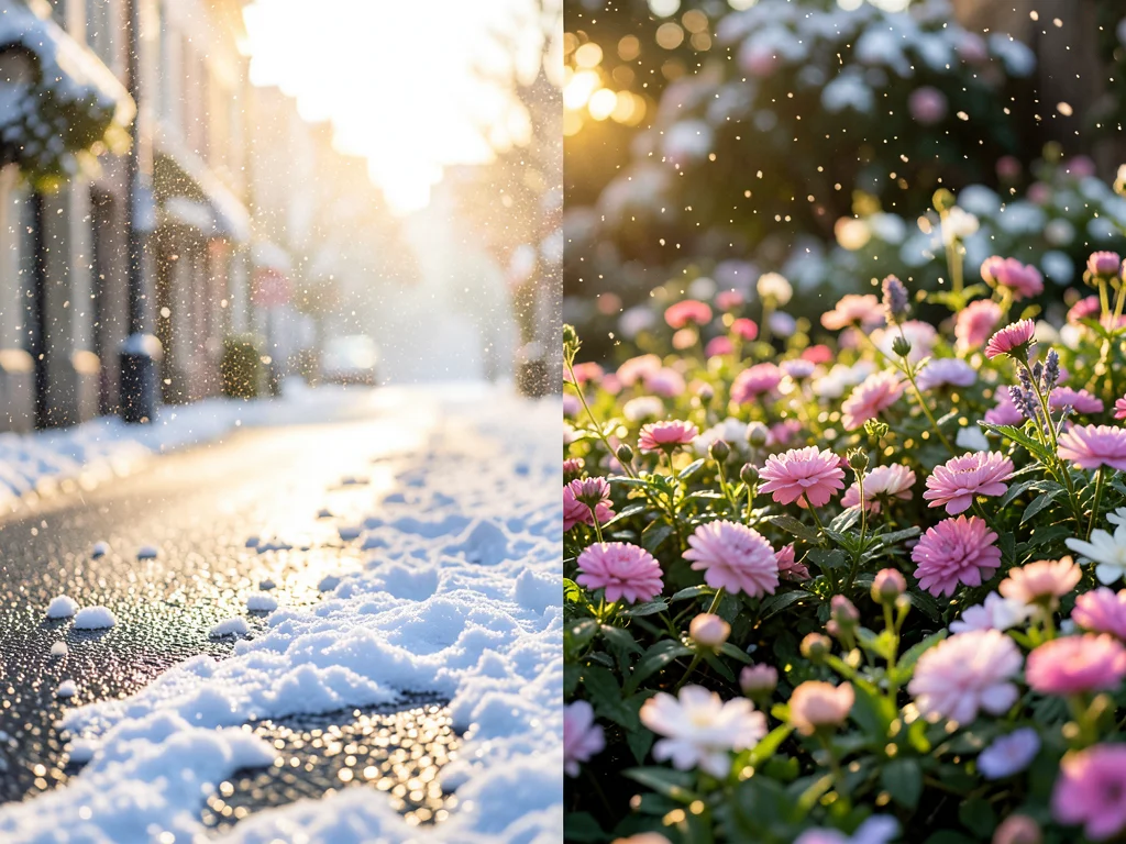 Snow falling on one half of street, bright sunshine and flowers on other half