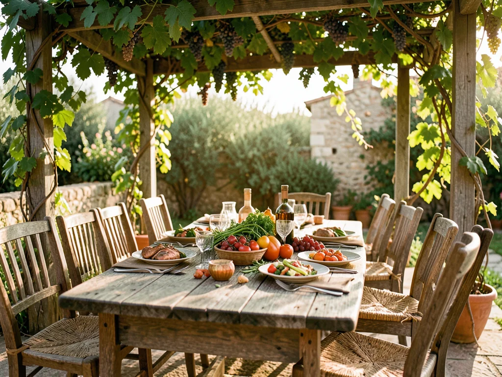 Outdoor dining terrace with rustic wooden table under a pergola draped in grapev