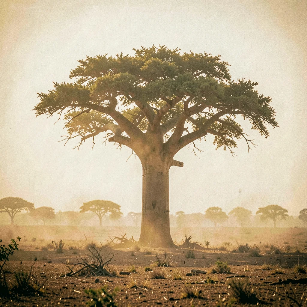 Golden Harmattan dust haze in Bamako, Mali, Baobab tree standing alone on plain,