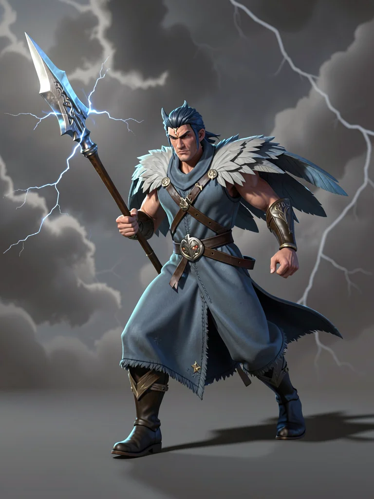 Mid-stride storm-shaman in slate-blue robes with feathered shoulder mantle, ligh