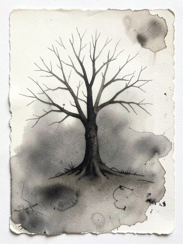 Monoprint of bare tree, faded ink transfer resembling spectral branches