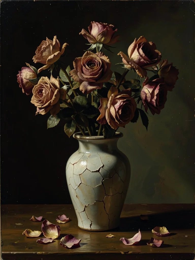 Bouquet of dried roses in a cracked porcelain vase, petals scattered, Flemish li