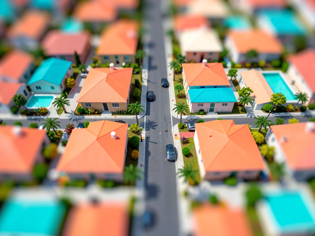 Aerial tilt-shift miniature of a tract neighborhood from drone height, saturated