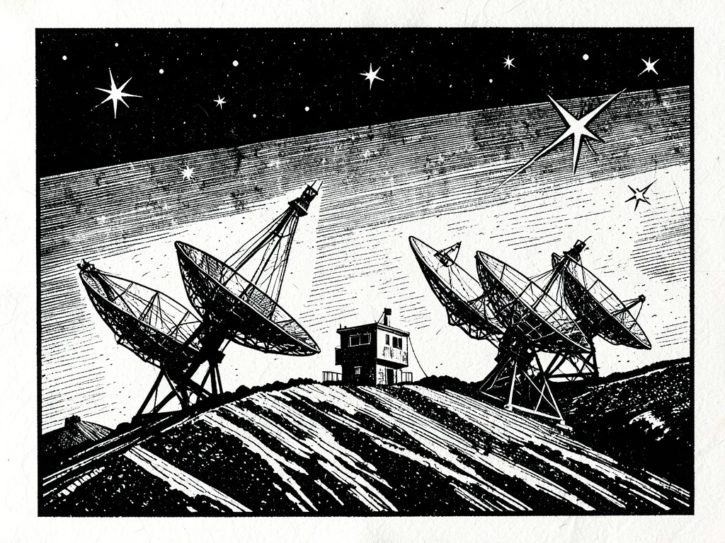A satellite dish array on a hilltop, five dishes pointing at different angles to
