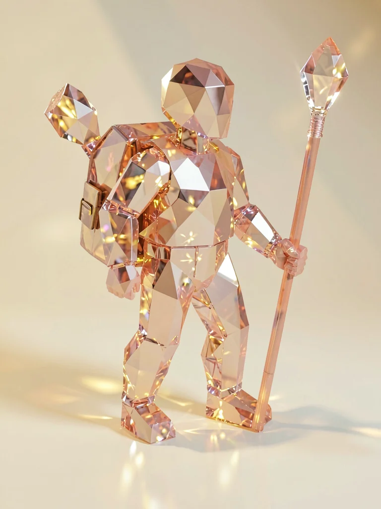 Solid citrine lowpoly explorer figure with a faceted backpack and a crystalline 