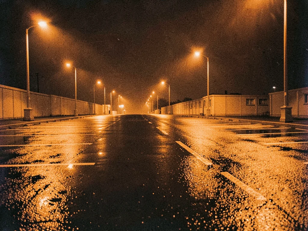 Empty parking lot at 3am under sodium vapor lights, wet asphalt reflecting orang