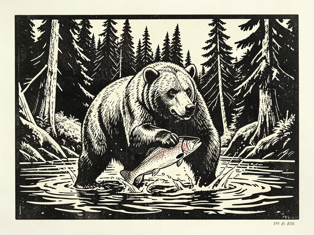 A grizzly bear standing in a river catching a salmon mid-leap, water splashing a