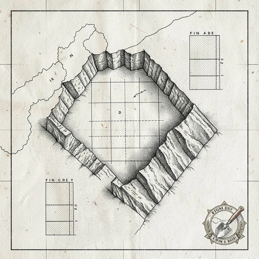 An archaeological coastal-site dig map with eroded cliff sections, exposed walls