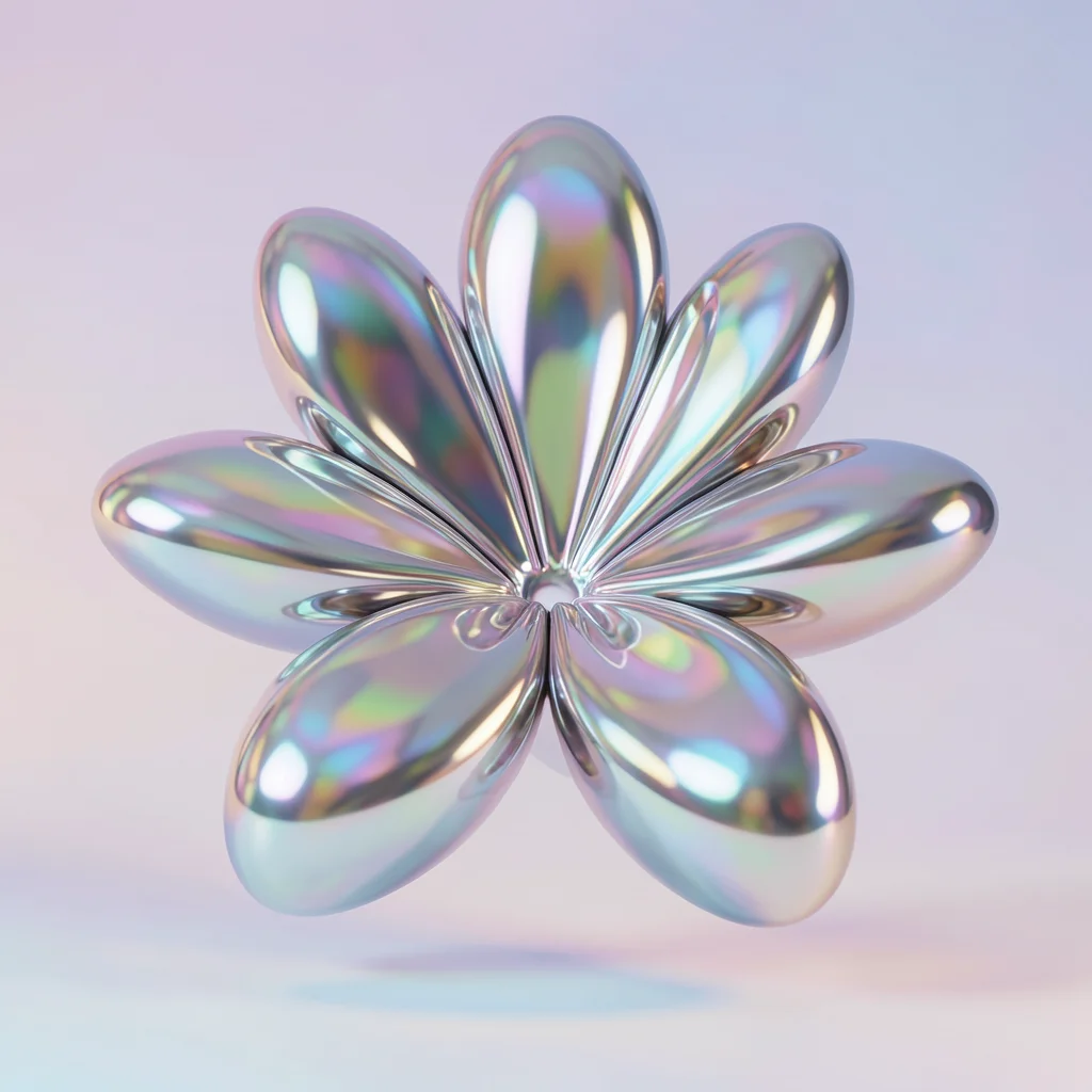 A glossy abstract flower made of curved chrome petals, the reflections showing t