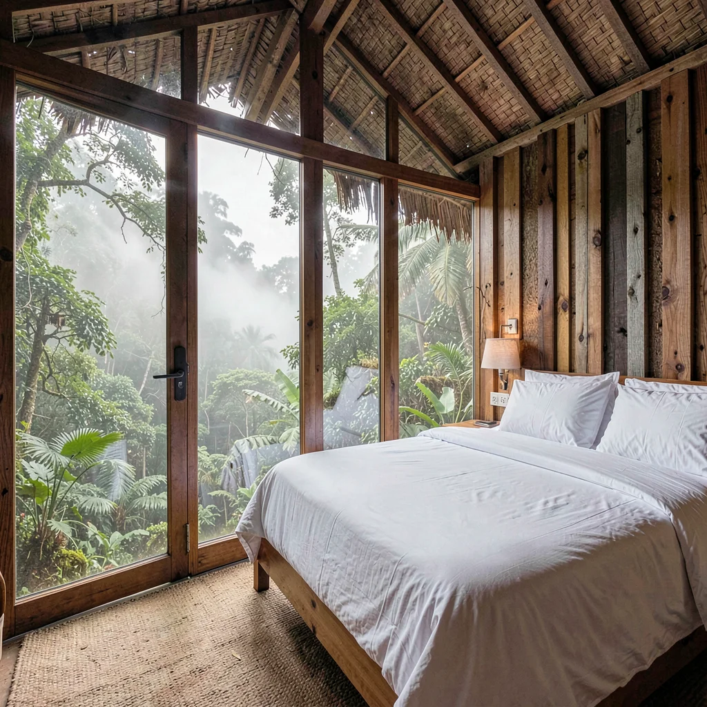 Cloud forest mist layers in Costa Rica, An eco-lodge bedroom with reclaimed wood