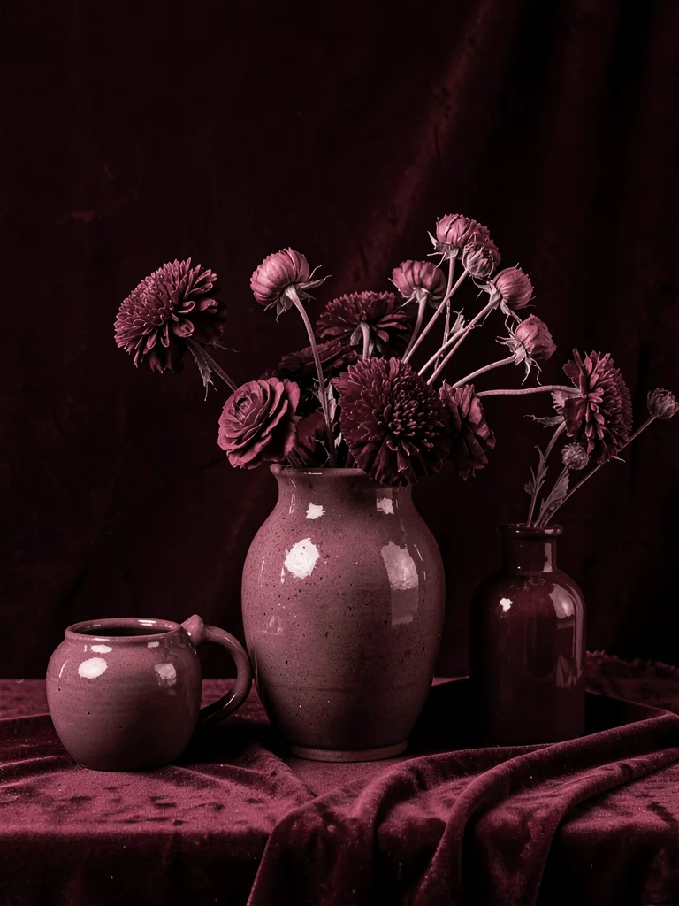 Wine red still life, velvet, ceramic, dried flowers, deep burgundy tonal range
