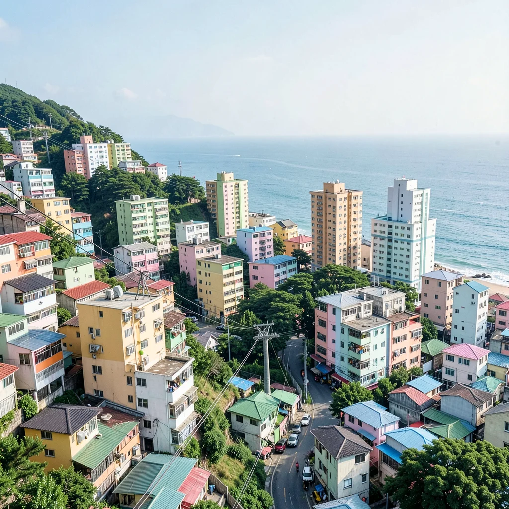 Busan vertical density, hillside village stacking, cable car passing over dense 