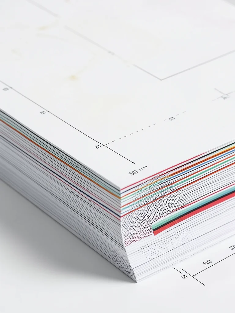 The edge of a paper ream showing the cross-section of 500 sheets, slight ink ble