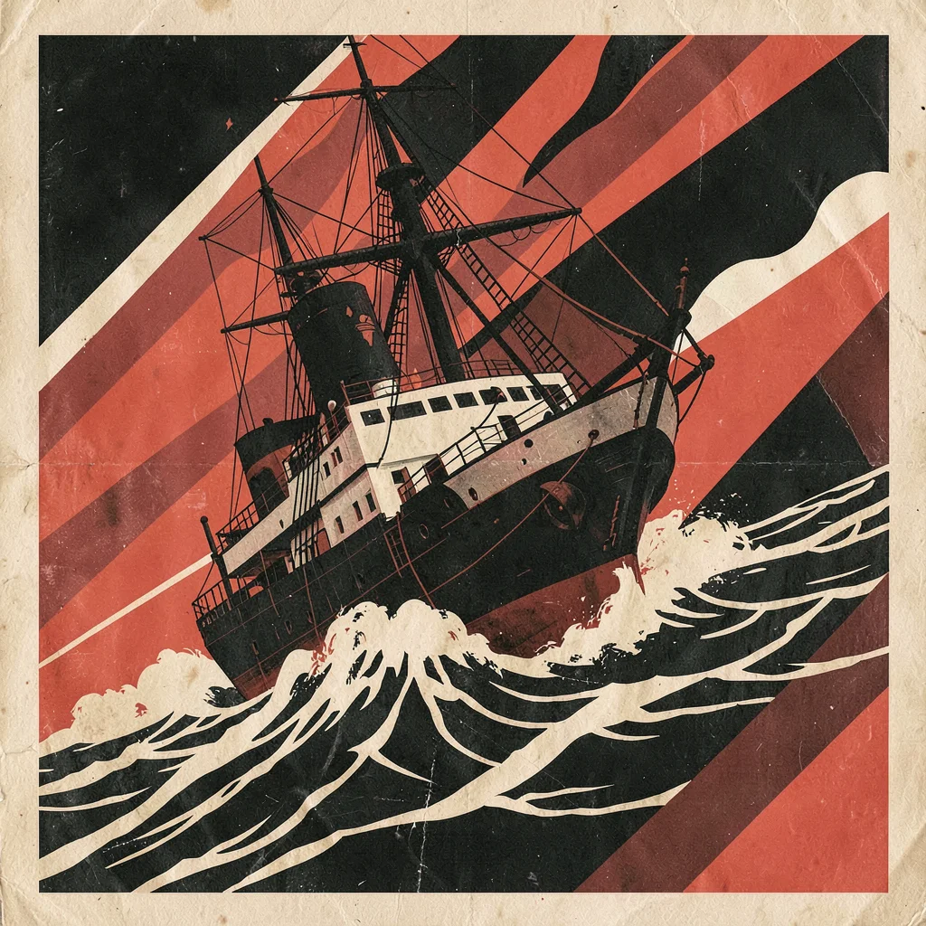 Soviet constructivist poster illustration, a ship at sea in diagonal storm , bol