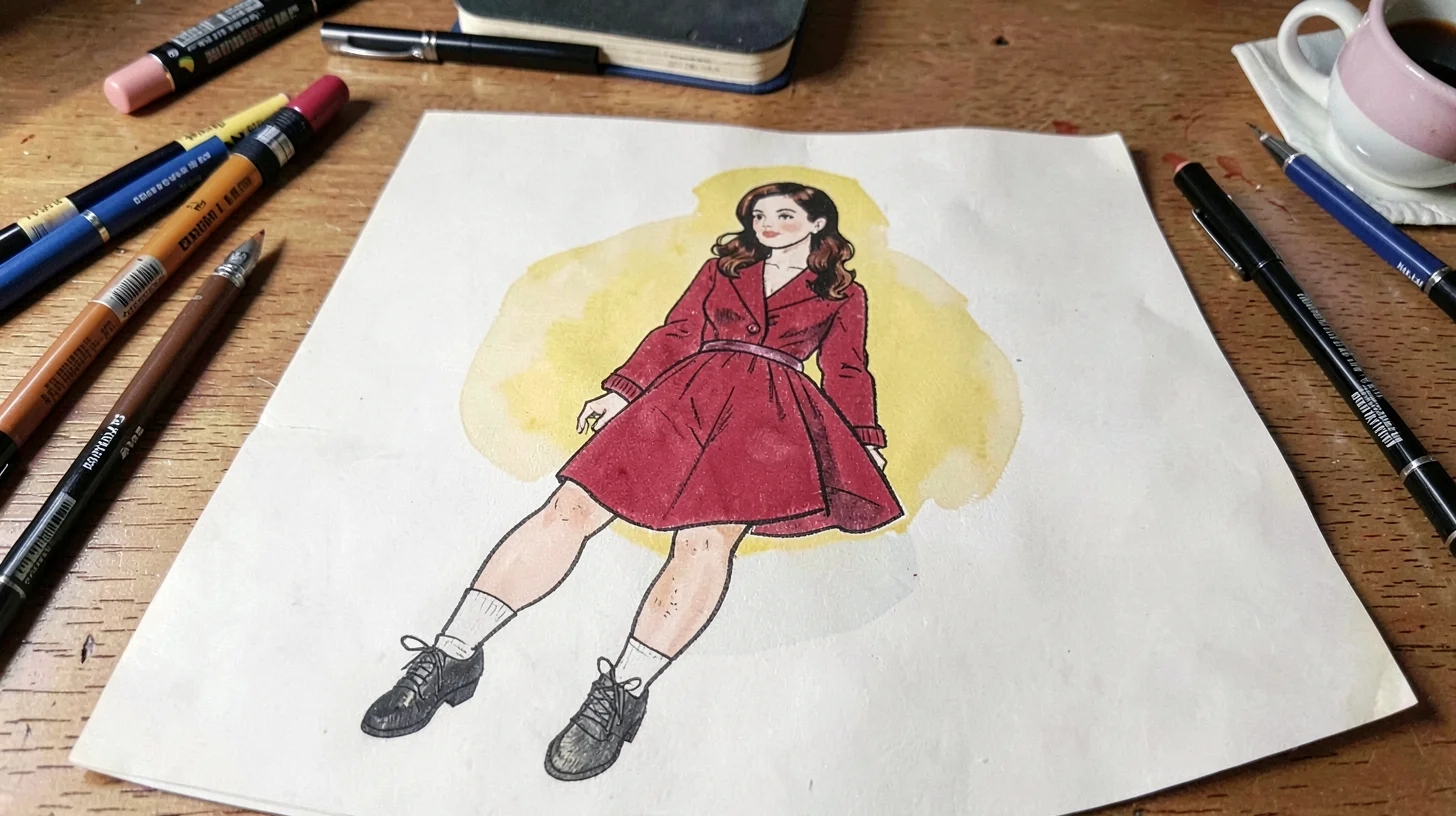 Gouache illustration, fashion sketch on desk , opaque matte pigment, flat color 